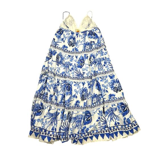 FARM Rio Flowerful Birds Maxi Dress Size XL Blue White Cotton V-Neck Boho Resort - Picture 4 of 12